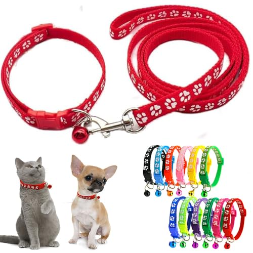 Red Puppy Collar and Lead Sets, XS Dog Collar and Lead Set Pawprint Adjustable Kitten Collar with Bell for Tiny Little XXS Extra Small Breed Pets Dogs Cats Girls Female - color: Red