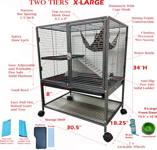 Extra Large 30.5"x18.25"x34"H Two Tiers Large Double Large Front Doors Tight 1/2-inch Wire Spacing for Feisty Ferret Hammock Chinchilla Cat Sugar Glider Home On Wheels - color: Black Vein, size: 30.5" x 18.25" x 34"H