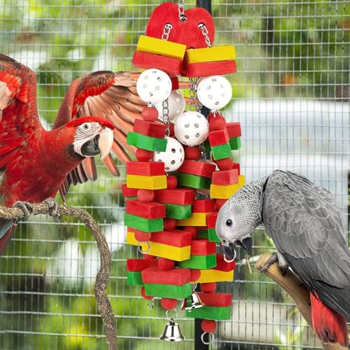 GPY Bird Toys for Parakeets, 22in Multi-Color Large Bird Toys for Parrots | Natural Parrot Toys, Bird Toy for Foraging and Chewing, Parrot Toys for Large Birds and Macaws - color: red parrot toy