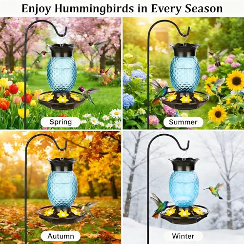 Fchstaer Glass Hummingbird Feeders for Outdoors Hanging 16oz 2 Pack Blue Pineapple Bee & Ant Proof 360°Perch Leakproof Easy Clean with 6 Feeding Ports Gifts for Mom - color: Blue-2PC