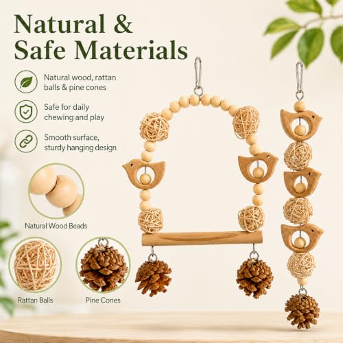 2PCS Bird Toys, Natural Wood Bird Cage Hanging Toys,Chew Shred Forage Toys for Parrots,Cockatiel,Conure,Love Birds,Parakeets,Budgie and Other Small Birds - style: Style 2