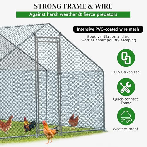 Large Metal Chicken Coop with Run, Walkin Chicken Coop for Yard with Waterproof Cover, Spire Roof Large Poultry Cage for Hen House, Duck Coop and Rabbit Run (10 x 10 x 6.6 ft) - size: 10 x 10 x 6.6 ft