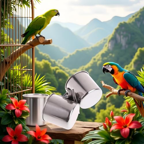 Silver Parrot Feeding Cups Hanging Pet Animal Stainless Steel cage Bowls Bowls for Cage Parakeet Bird Cage Accessories Suitable Small and Medium Bird Pet Supplies