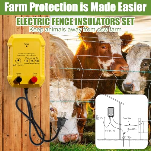 Electric Fence Charger Set 25 Mile 110VAC 1 Joule Electric Plug in Fence to Contain Chickens Pet Poultry 50 Black Insulator and 1 Socket Tool 250ft Aluminum Wire for Garden Pond Protection - style: 1 Joule