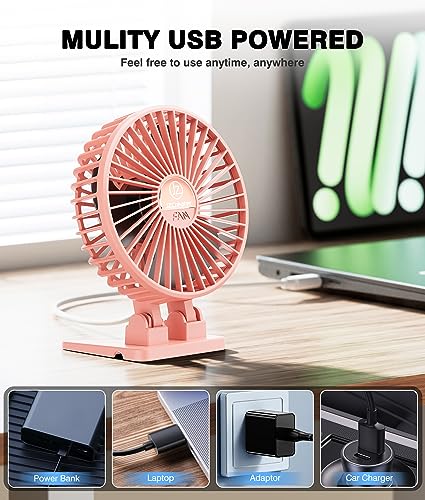 JZCreater USB Desk Fan, Portable Mini Fan, 3 Speeds Desktop Table Cooling, Plug in Power, Rotation Strong Wind, Quiet Personal Small Fan for Home Desktop Office Travel Bedroom, Pink - color: Pink Black