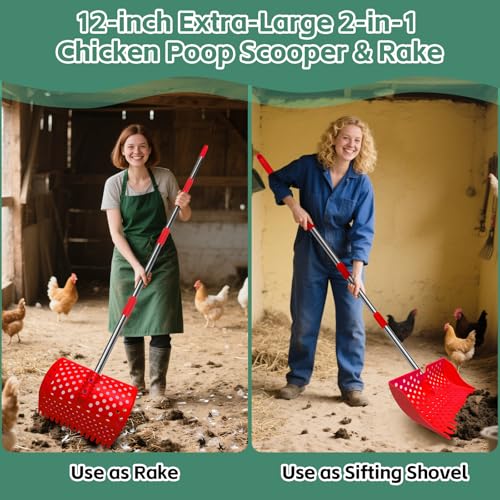12" 2-in-1 Chicken Poop Scooper & Rake, 3-Shape Sifting Holes Chicken Coop Rake, Stainless Steel Handle (20–61") - Litter Scooper & Sand Sifting Shovel (U.S. Patent No. D1124534) - Red - color: Red