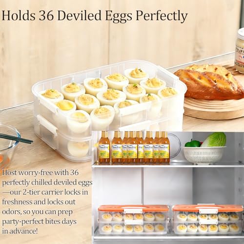 VitalYang Deviled Egg Container with Lid, Double Layer Egg Container, 36 Count Deviled Egg Tray- Secure Lock & Handle, Stackable, Leak-Proof Design for Parties & Catering, Orange - color: Orange