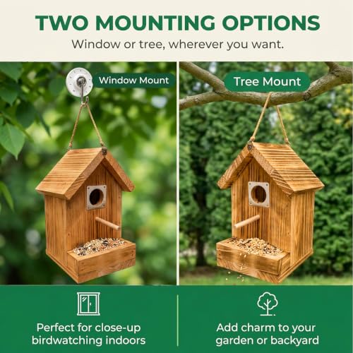 Window Bird House for Outside, Wooden Birdhouse with Vacuum Suction Cup, Clear Viewing Back, Built-in Feeder Attracts More Birds, Hang on Windows or Trees, Easy-Clean Nest Box - color: Back