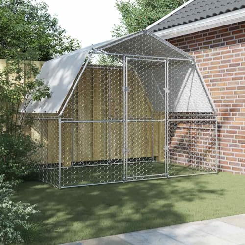 Large Outdoor Chicken Cage, 9.3ft Walk-in Galvanized Steel Poultry Coop with Roof and Lockable Door, Metal Hen House for Backyard Garden, Silver Mesh Pen for Duck and Rabbit - color: Silver