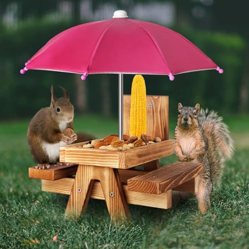 Gnodary Squirrel Feeder with Umbrella, Squirrel Feeders for Outside, Squirrel Picnic Table Feeder - Chipmunk Feeder Hold Corn, Corn Cob, Peanuts (Dark-Pink) - color: Dark-Pink