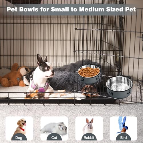 Dog Crate Bowls, 2 Pack Stainless Steel Kennel Water Bowl Hanging No Spill | Mountable Food & Water Dispenser, Elevated Feeder for Crate Cage, for Small to Medium Pets Cat Puppy Bunny Guinea Pig Ferret - color: Gray