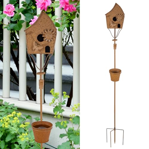 49" Bird Houses for Outside with Pole, Outdoor Metal Birdhouse with Tapered Bucket for Patio, Yard, Garden, Rust-Colored - style: Cottage(Rust-colored)