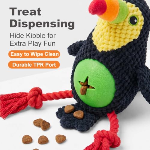 Black Toucan Bird Dog Chew Toy, 10.6 in, Squeaker Rope Treat Toy | Pineapple Fleece, PP Cotton Filled, Nylon Reinforced Rope, Crinkle Paper, Bite Resistant, Interactive Play, Small Medium Dogs - color: Black Toucan