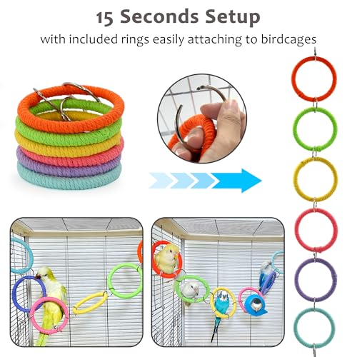 6-Ring Bird Swing Toy for Cage, DIY Cotton Rope for Parrot Soft Grip | Adjustable Colorful Perch, Hanging Parakeet Toys, Interactive Multi-Bird Swing and Climb for Budgies, Lovebirds, Cockatiels