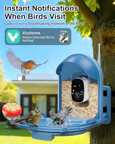 Bird Feeder with Camera, Smart Birdfeeder with Cam Solar Powered, 2K HD Video, AI Identification, Instant Arrival Alerts, IP66 Bird Bath & Feeder,Gift for BirdLover (with BirdBath, Blue) - color: Blue, style: With BirdBath