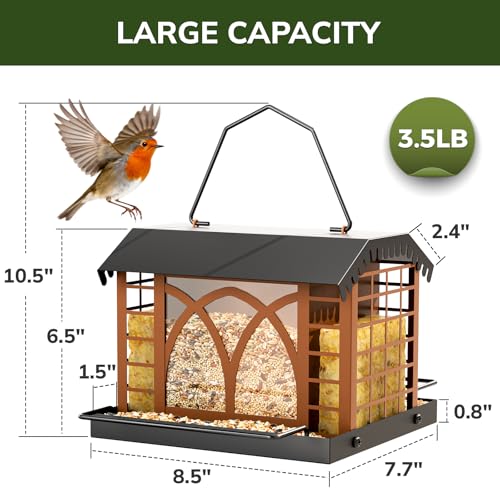 Bird Feeders for Outdoors Hanging, Metal Bird Feeder with Double Suet Cage Weatherproof Metal Roof, 3.5Lbs Large Capacity Great for Attracting Finch Cardinal Chickadee Wild Birds, Pinecone Brown - color: Pinecone Brown