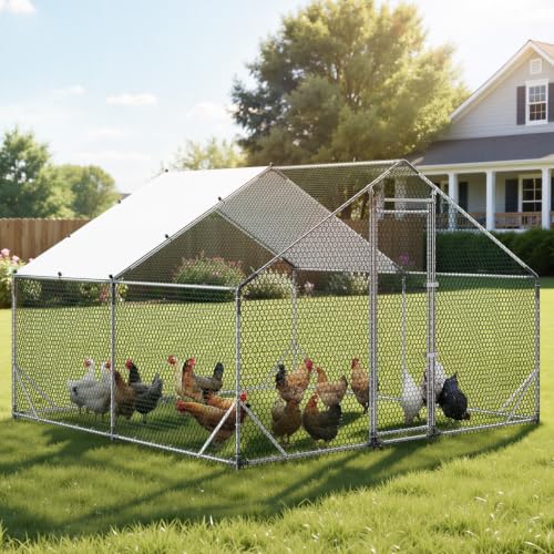VEVOR Large Metal Chicken Coop,9.8 x 9.8 x 6.6 ft, Walk-in Chicken Run House with Waterproof Cover & Sturdy Frame, Spire Roof Poultry Cage Duck Pen for Rabbit Hen Goose Outdoor Backyard Farm Use - size: 118.1"L x 118.1"W x 78.7"H