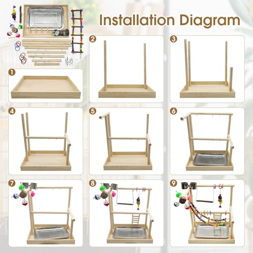 PINVNBY Bird Playground Parrot Playstand Play Gym Cockatiel Wood Bird Toys Birds Cage Accessories Playpen Ladder with Feeder Cups Hanging Swing Toys for Parakeet Conure Lovebird Cockatiel - size: Two Floors With Wooden Bridge