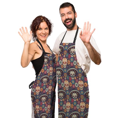 Chef Apron for Men Mexican Sugar Skulls Flowers Craft Aprons for Women for Kitchen Cooking Restaurant BBQ Painting Crafting 27” (W) x 31” (H), Waterproof Aprons - color: Mexican Sugar Skulls Flowers