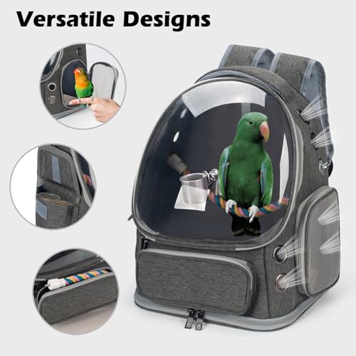 Bird Backpack Carrier Travel Cage with Perch, Tray and Breathable Clear Window, Bird Travel Cage for Cockatiel Caique Conure Quaker, for Vetting Camping Hiking (Grey) - color: Grey