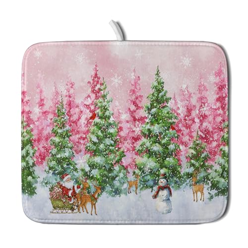 Santa Claus Dish Drying Mats for Kitchen Counter Watercolor Forest Decoration Coffee Mat for Table Decor - color: Winter Forest Colorful, size: 18" x 16"