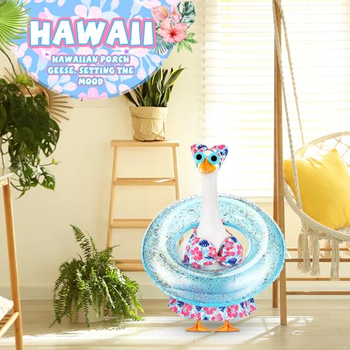 Bikini Porch Goose Outfits with Sunglasses and Swimming Tube for 23" Summer Goose Costume Garden Patio Statue Decor(Blue Monstera Leaf) - style: Blue Monstera Leaf