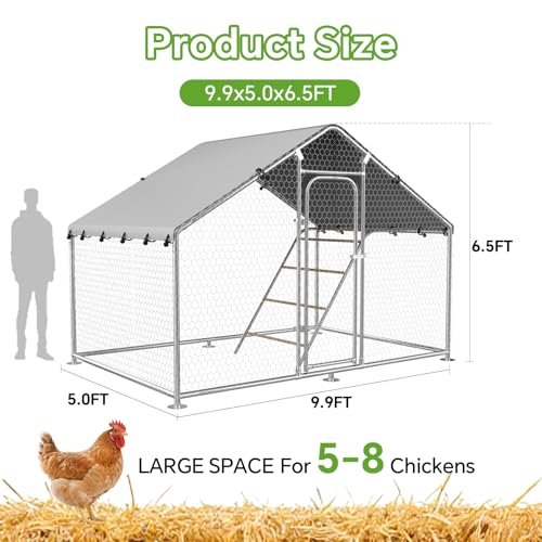 10 x 5 x 6.4 FT Metal Chicken Coop, Chicken Run with Cover | Walk-in Chicken Coop,Side Hardware Cloth,Waterproof Cover,Roosting Perch,Reinforced frame,Backyard & Farm Use - size: 59.9"L x 120.0"W x 78.0"H