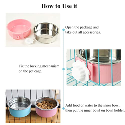 Dog Crate Bowl, Hanging Stainless Steel Removable Pet Crate Water & Food Bowls, Pet Cage Feeder Container Coop Cup for Cat Puppy Birds Rats Guinea Pigs Rabbit Hamster (2PCS) - color: (Round) Dark Blue/Yellow