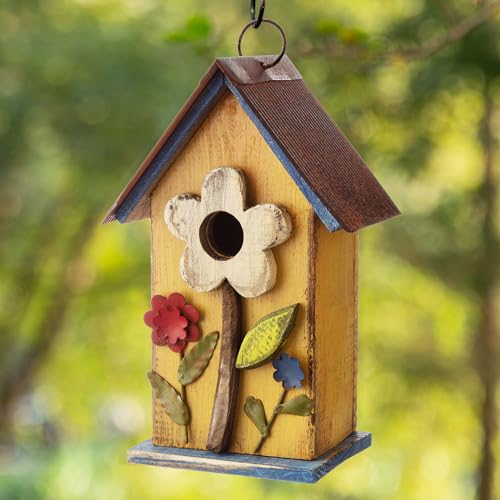 Glitzhome Bird Houses for Outside, 10.25" Wooden Bird House Hanging Birdhouse Distressed Flower Garden Bluebird House for Outdoor, Bird Nest Box for Bluebird Wren Chickadee Sparrow - color: 10.25"H Flower Washed Yellow