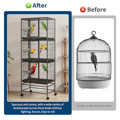 74 Inch Large Bird Cage, Large Flight Aviary with 3 Dividable Compartments for Parakeets Cockatiels Conures Finches, Heavy Duty Breeder Cage with Slide Out Trays for Multi Bird Homes, Black - color: Black