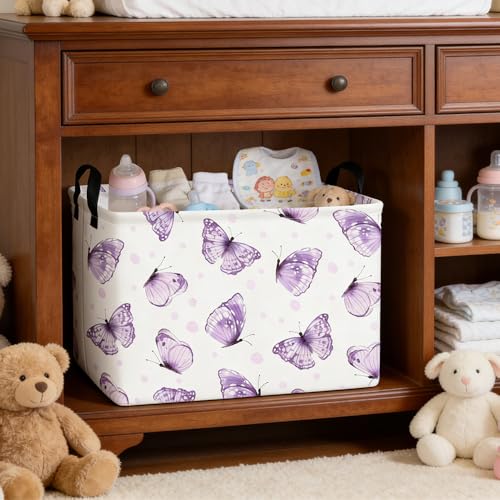 Rectangular Purple butterfly basket,Books Storage Basket,Collapsible Storage Bin,Cute Organizer Toy Bin,Butterfly Room Decor,Gift Baskets(Little purple butterfly) - color: Little purple butterfly