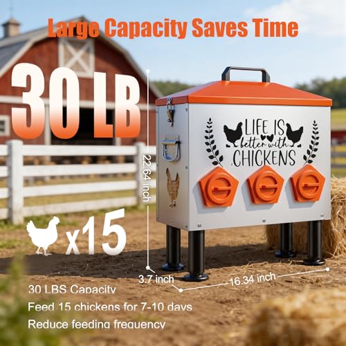 ‎Tgeyd 30 lb Metal Chicken Feeder, No-Waste Galvanized Feeder with 6 Feeding Ports, Adjustable Legs, Feed Level Window & Rainproof Roof Lid for Chickens, Ducks & Geese - size: 30LB