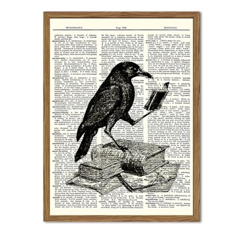 Funny Black Crow Reading Books Wall Art Vintage Raven Wall Decor Picture Dark Academia Animal Poster Canvas Print for Bedroom Living Room 12x16 inch Wood Framed - color: Animal -P, size: 16"L x 12"W