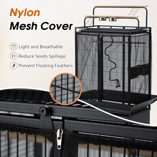 70" Large Bird Cage with Play Top, Metal Parrot Cage with Storage Cabinet | Tall Big Bird Flight Cage with Pull-Out Tray, Feeders, Cover, Stand, Rope, Aviary for Macaw Parakeet Cockatiel Budgie, Black