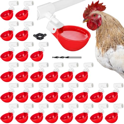LemonRoad 30 Set Automatic Chicken Waterer Cups with 1/2" PVC Tee Fitting Chicken Drinking Bowl, Poultry Drinker Mounting Hole Opener,Water Dispenser Feeder for Duck, Goose, Pigeon(Light Red) - color: Light Red