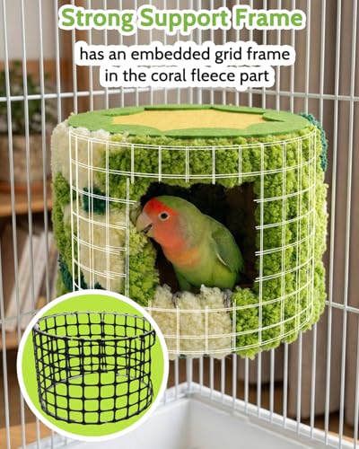 Bird Nest for Cage with Support Frame & Pad, Foot-Friendly Felt | Safe Hideout, Warm Bird Bed for Parakeets Lovebird Budgies, Winter Plush Coral Fleece Hammock Hut, Soft Washable Cozy House - color: Green