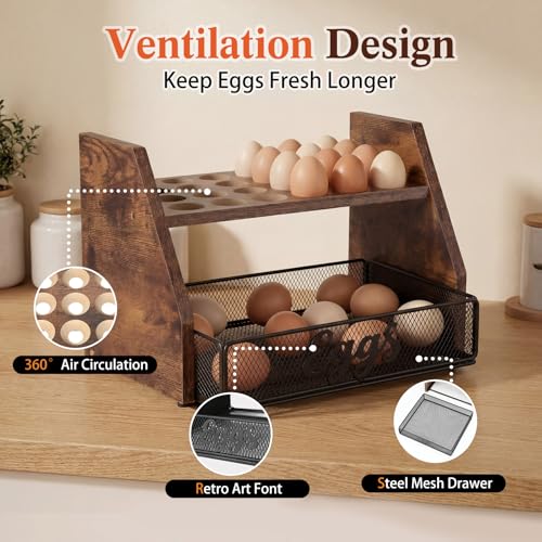 LemonRoad Wooden Egg Holder Fresh Egg Holders with Wire Basket Organizer for Countertop 24+60 Eggs Rustic Kitchen Organizer Basket for Gathering Fresh Chicken/Duck/Quail/Turkey Eggs(Brown) - color: Brown