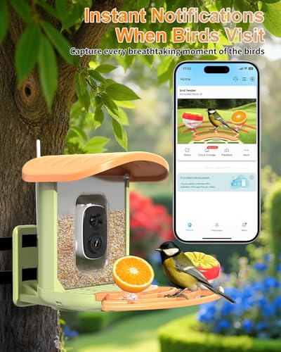 Bird Feeder with Camera, 2K HD Camera Birds Feeder with AI Bird Recognition, Solar Powered Smart Birdfeeder with App Control, Color Night Vision, Gift Box Package, Easy Install & Family Sharing - color: Green, size: Stand