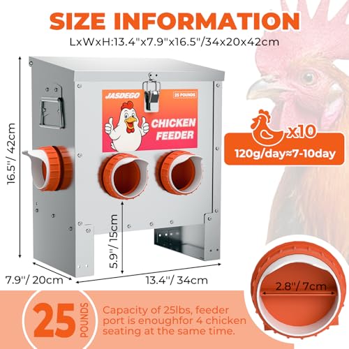 4 Port Automatic Chicken Feeder, No Waste Poultry Feeder with Lid | 25 LBS Large Gravity, Weatherproof Lid, Locking Latch, Convenient Handle, Heavy Duty Automatic Metal Chicken Feeder