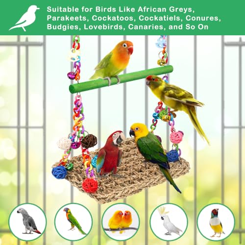 Bird Swing Mat with Wood Perch, AHIER Seagrass Bird Hammock for Conures with Chewing Toy for Parakeets, Budgie, Cockatiel Cage Accessories (Green Pole) - color: Green Pole