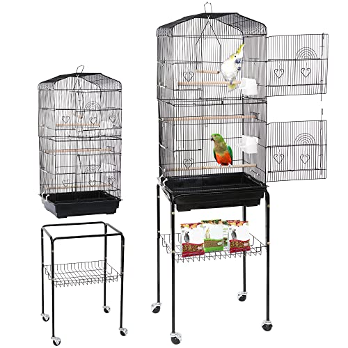 ZENY 63.4 Inch Bird Cage, Rolling Wrought Iron Parrot Cage | with Side-out Tray, Storage Shelf, Pet Bird House for Parrot Cockatiel Cockatoo Parakeet Macaw Finches