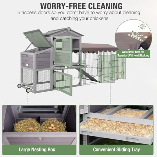 Mobile Chicken Coop with Run, Large Outdoor Wooden Poultry Cage Hen House with Wheels, Nesting Box, Pull-Out Tray, Waterproof Roof, Grey, 79.1" L x 25.2" W x 43.6" H, for 4-6 Chickens - size: 79.1"L x 25.2"W x 43.6"H