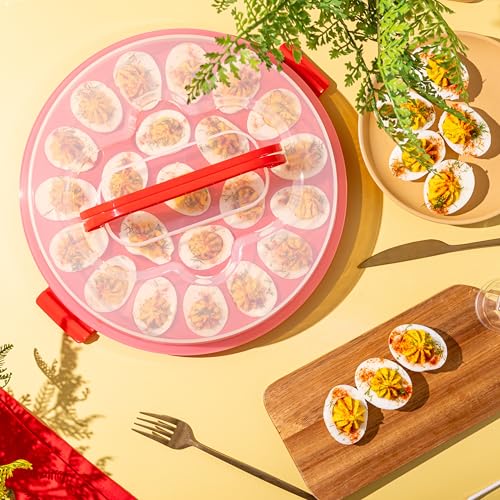 Deviled Egg Containers with Lid & Handles, 22-Count Portable Carrier, Dishwasher Safe Tray, Refrigerator Storage, High-Capacity Trays Deviled Egg Holder - Red - color: Red