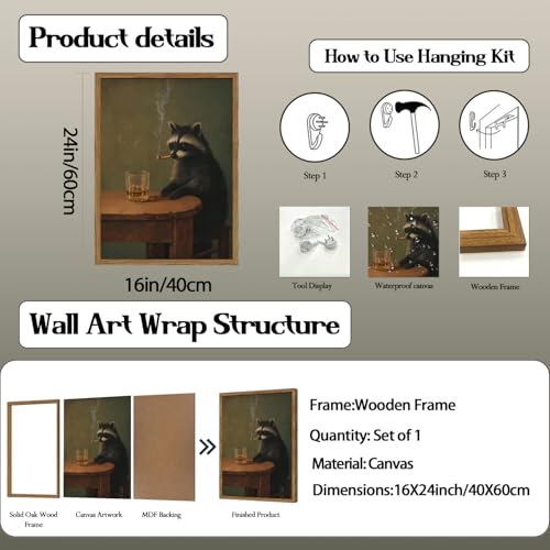 Whimsical Raccoon Wall Art Funny Raccoon Wall Decor Picture Dark Academia Animal Poster Canvas Painting Prints for Living Room Bar Bedroom 16x24 inch Wood Framed - color: Animal -R, size: 24"L x 16"W