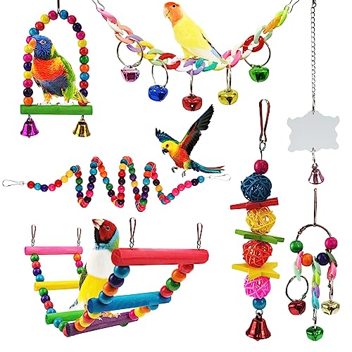 Parakeet Toys,7 Pcs Colorful Bird Toys for Parakeets,Pet Bird Cage Hammock Swing Climbing Ladders Chewing Toy Mirror Hanging Bell Wooden Perch for Budgerigar,Conures, Love Birds,etc | Swing Climbing Ladders Chewing Toy Mirror Hanging Bell Wooden Perch, fo