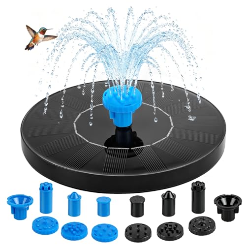 Yeomi 1.5W Solar Bird Bath Fountain with 12 Nozzles in 2 Colors | Floating Solar Fountain Pump Solar Water Fountain for Small Pond Patio Outdoor Landscape Decoration - Black + Blue Nozzles - color: 1.5w Solar Fountain + Black&blue Nozzles