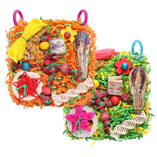Bird Toys for Small & Medium Parrots - Natural Foraging & Shredding Cage Hanging Toys with Seagrass Mat, Starfruit, Loofah Slices for Budgies, Cockatiels, Lovebirds, Conures (2 PCS) - size: 2 PCS
