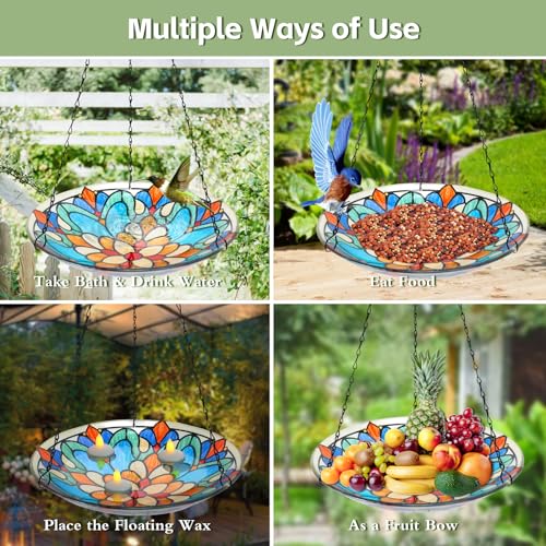 Hanging Glass Bird Bath Outdoors Bird Water Bowl Feeder Garden Decor - color: kaleidoscope