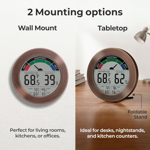 Digital Hygrometer Indoor Thermometer, Brushed Metal Frame, Bronze | Large round display, clear digits, accurate readings, comfort gauge, humidity meter, room temperature and humidity monitor - color: Bronze