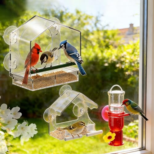 Window Bird Feeders (Large & Small) Plus Hummingbird Waterers（3-Piece Set） Lure Various Birds, Offer Easy Food & Water Access. Extra-Strong Suction Cups, Easy to Mount, Perfect for Outdoor Use - size: 3-piece set